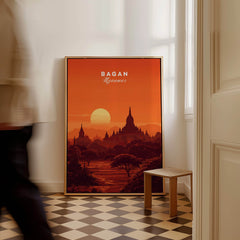 Bagan Travel Poster – Minimalist Temple Wall Art showcasing a sunset over Bagan's iconic pagodas.
