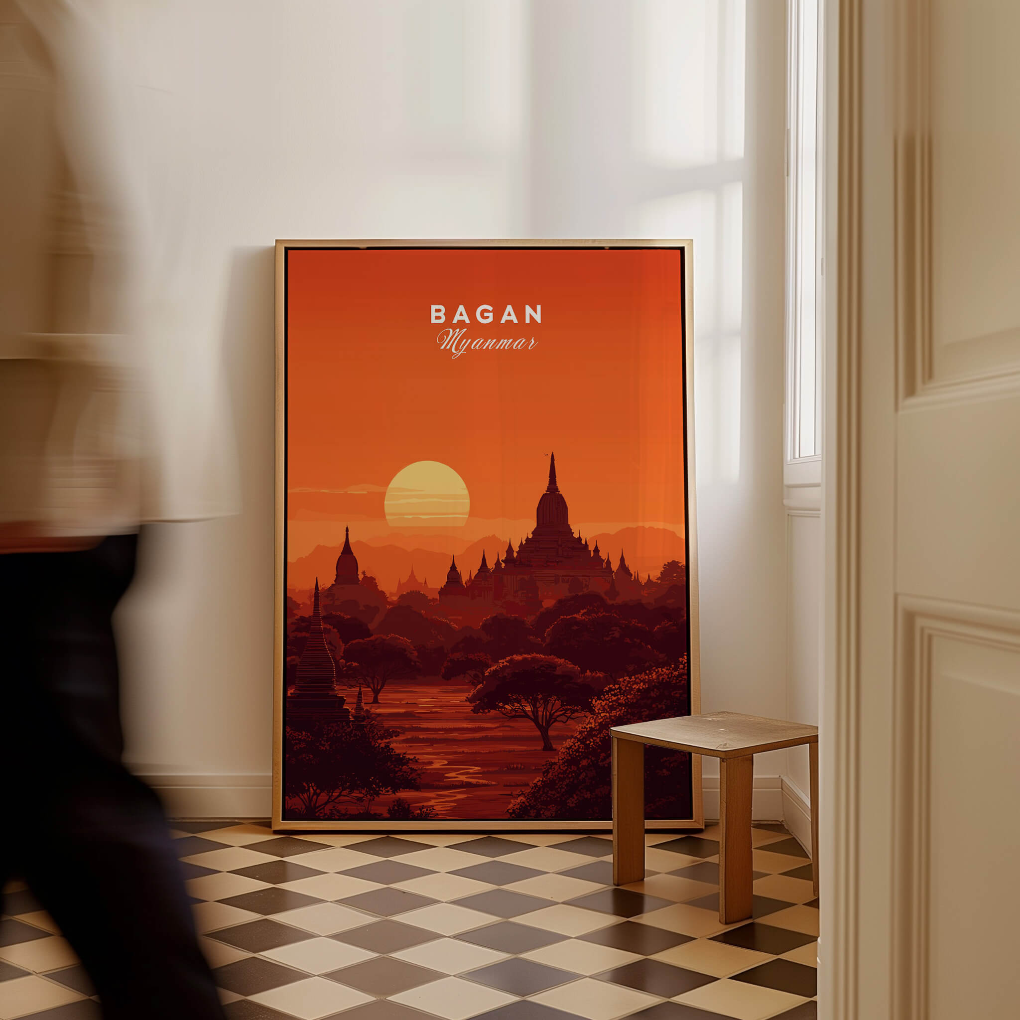 Bagan Travel Poster – Minimalist Temple Wall Art showcasing a sunset over Bagan's iconic pagodas.