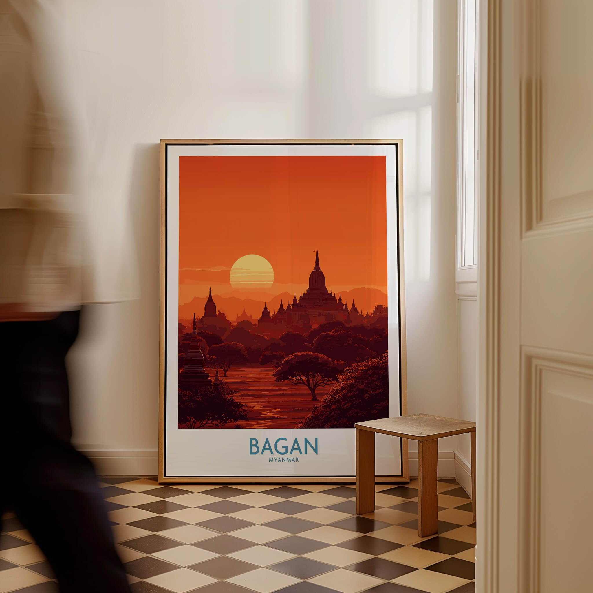Bagan Myanmar Print – Traditional Pagoda Wall Art featuring a serene sunset over Bagan's pagodas.