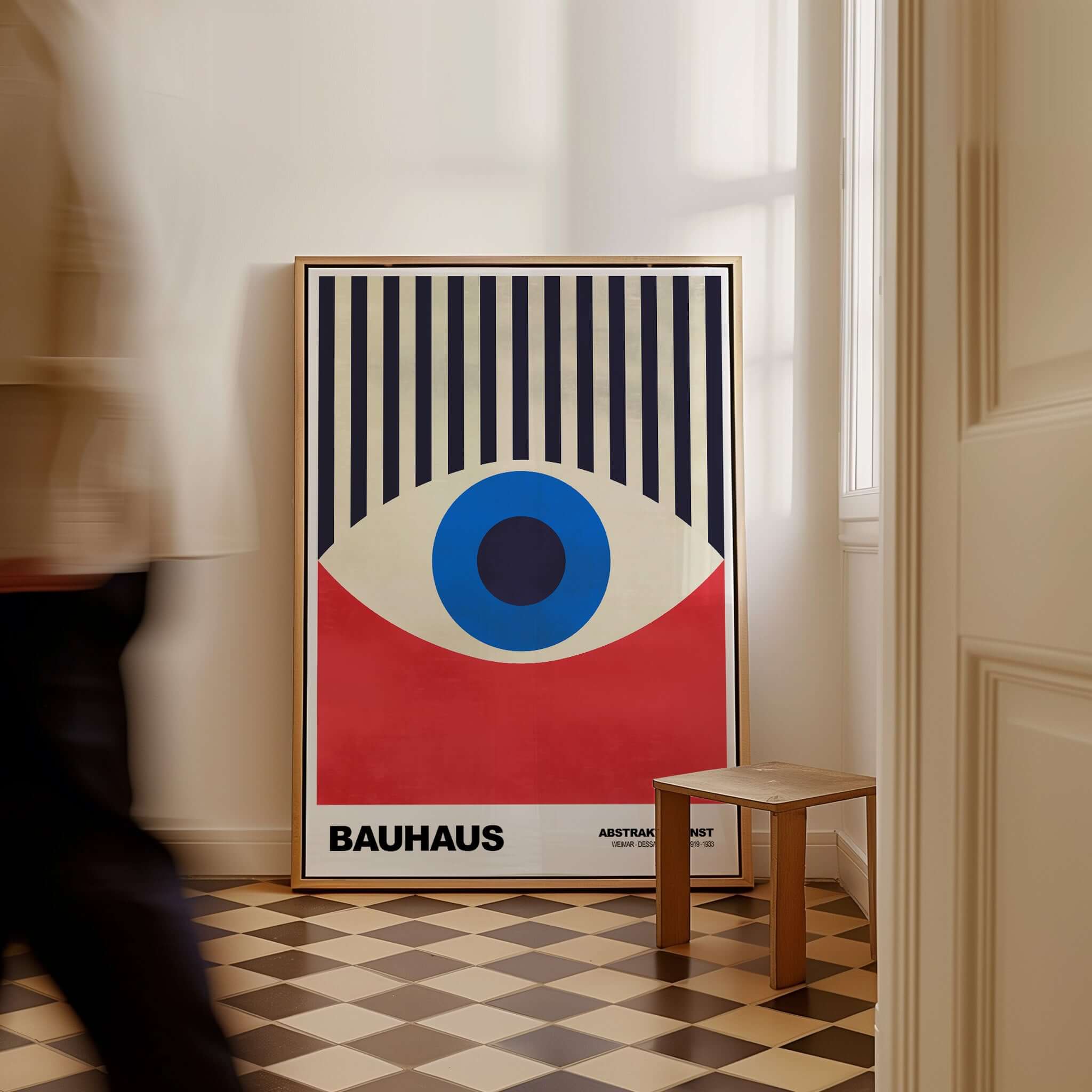 Bauhaus Exhibition Prints - Abstract Eye Art Print Geometric Red Blue Design displayed in a modern room.