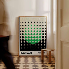 Bauhaus Exhibition Prints - Abstract Circle Pattern Art Print Green Black Dot Gradient displayed in a modern interior setting.