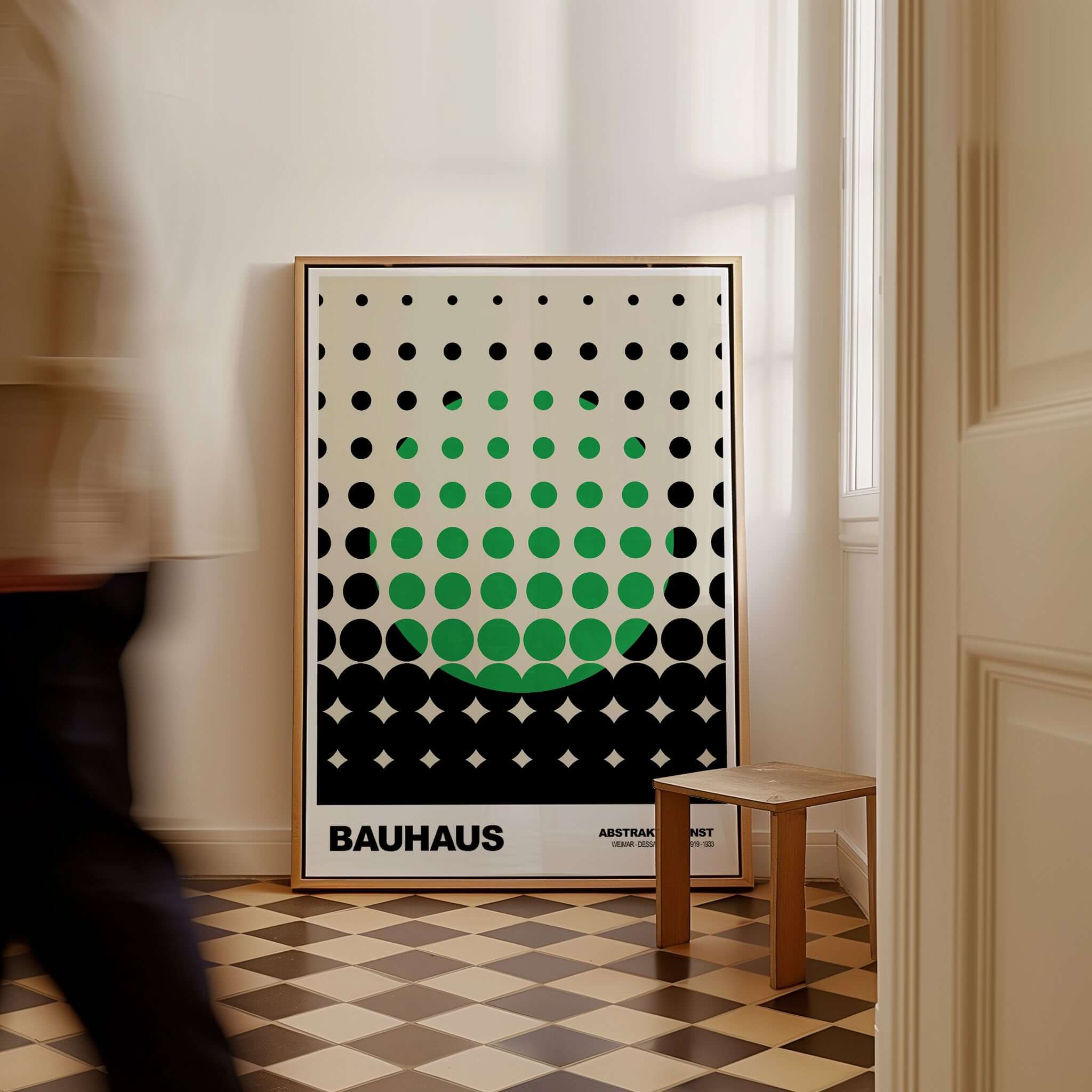 Bauhaus Exhibition Prints - Abstract Circle Pattern Art Print Green Black Dot Gradient displayed in a modern interior setting.