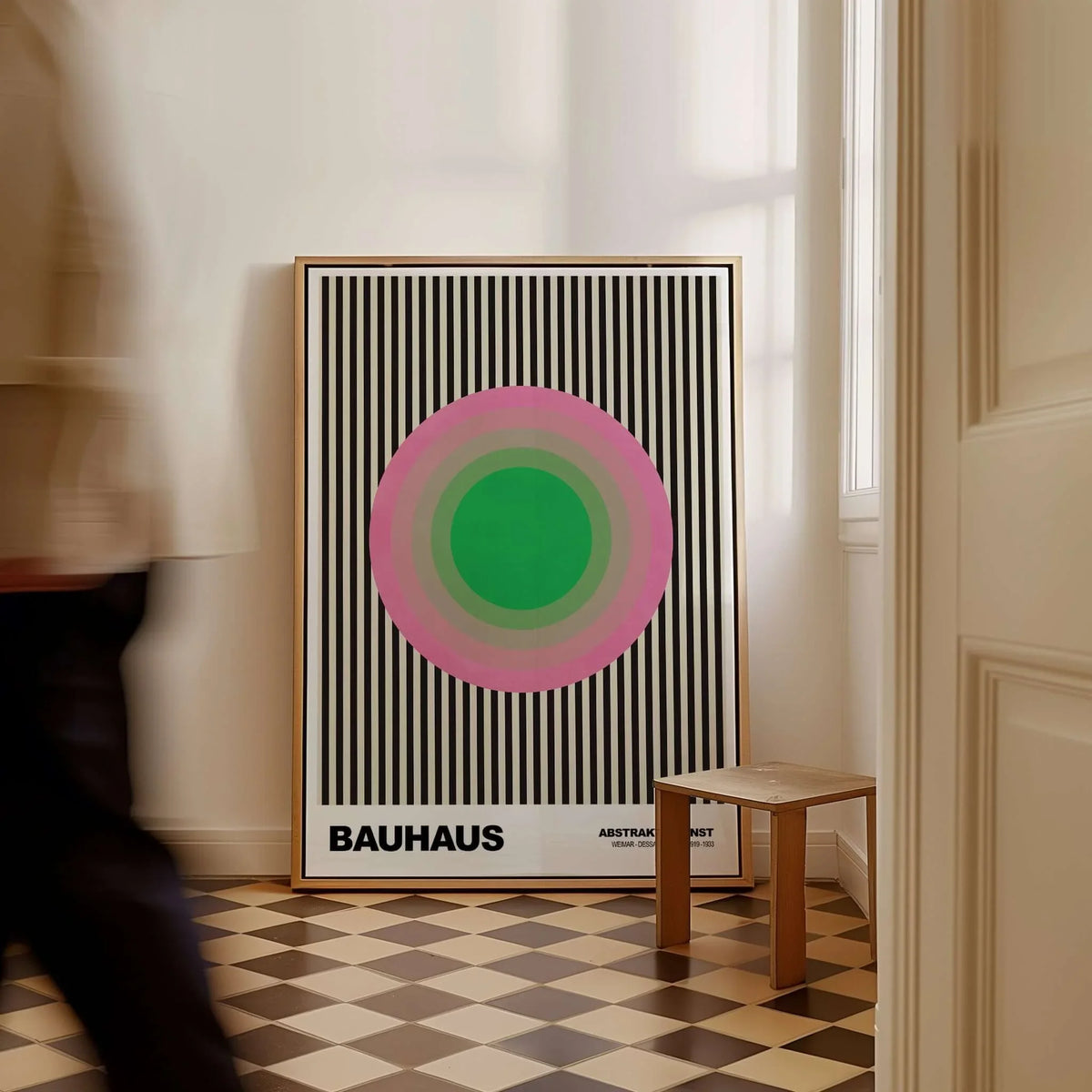 Bauhaus Exhibition Prints - Concentric Circles Poster Pink Green Striped Art in a stylish interior setting.