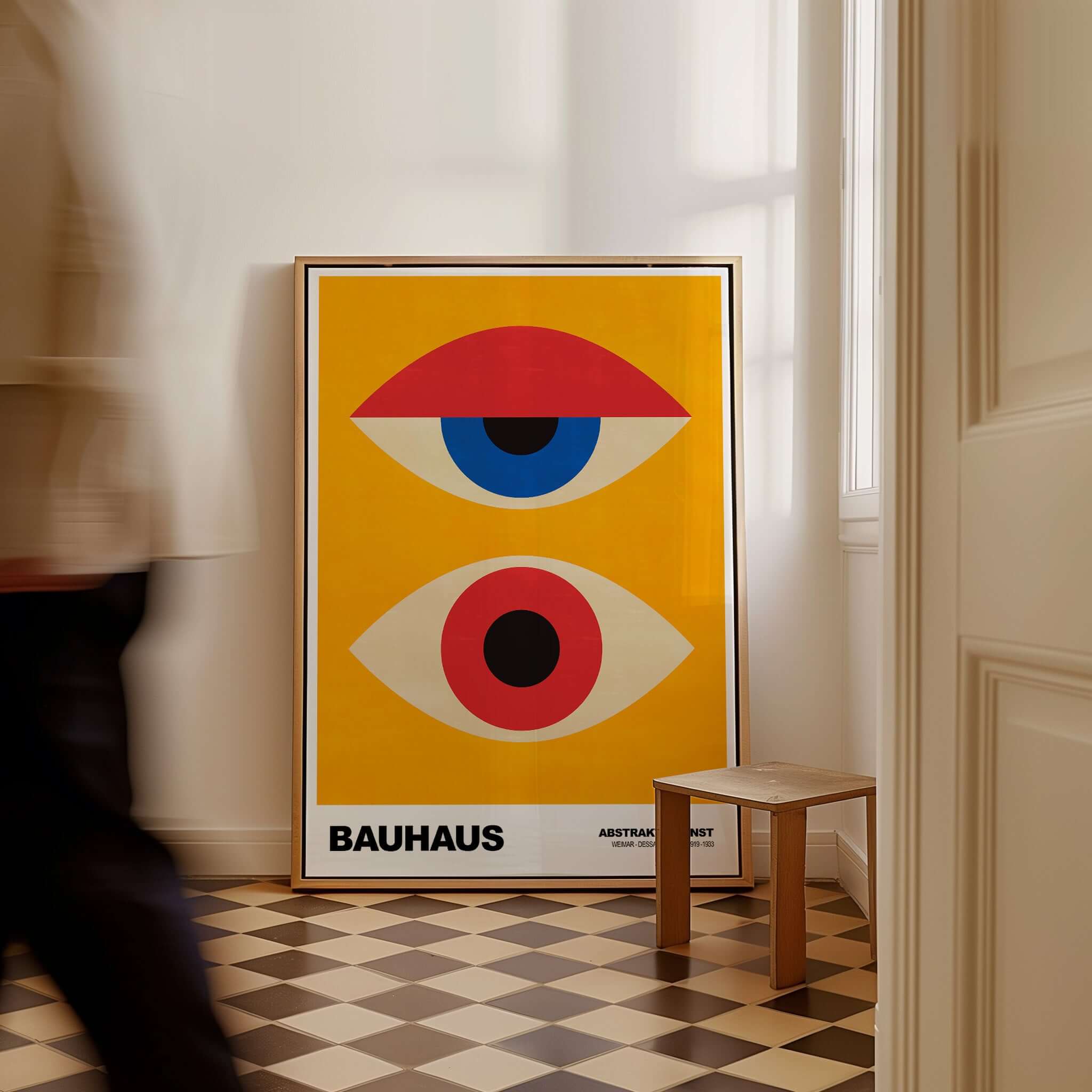 Bauhaus Exhibition Prints - Abstract Eyes Poster Geometric Orange Red Blue Art in interior setting with stylish decor.