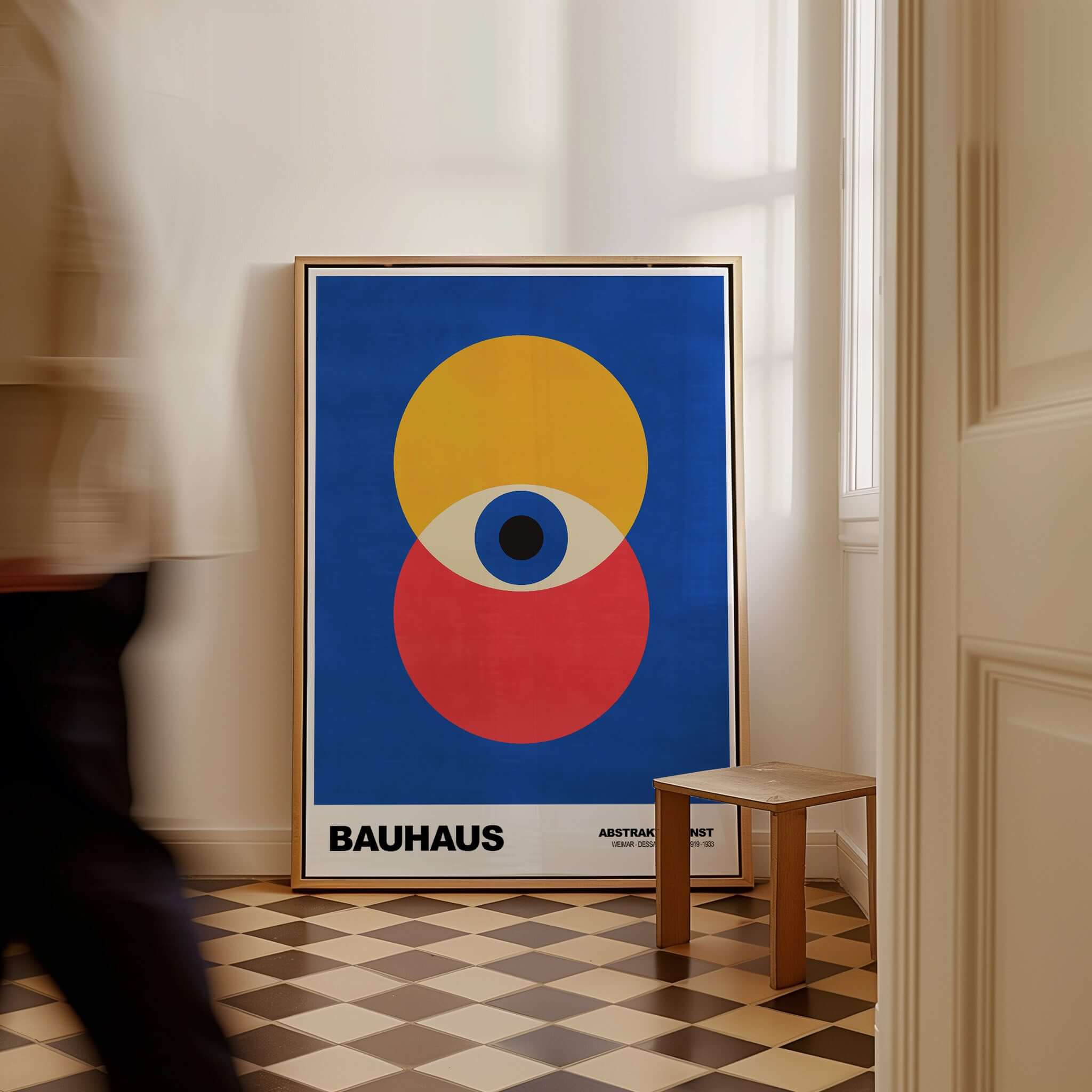 Bauhaus Exhibition Prints - Abstract Eye Circles Poster - Blue Yellow Red Primary Art showcased in a contemporary interior.