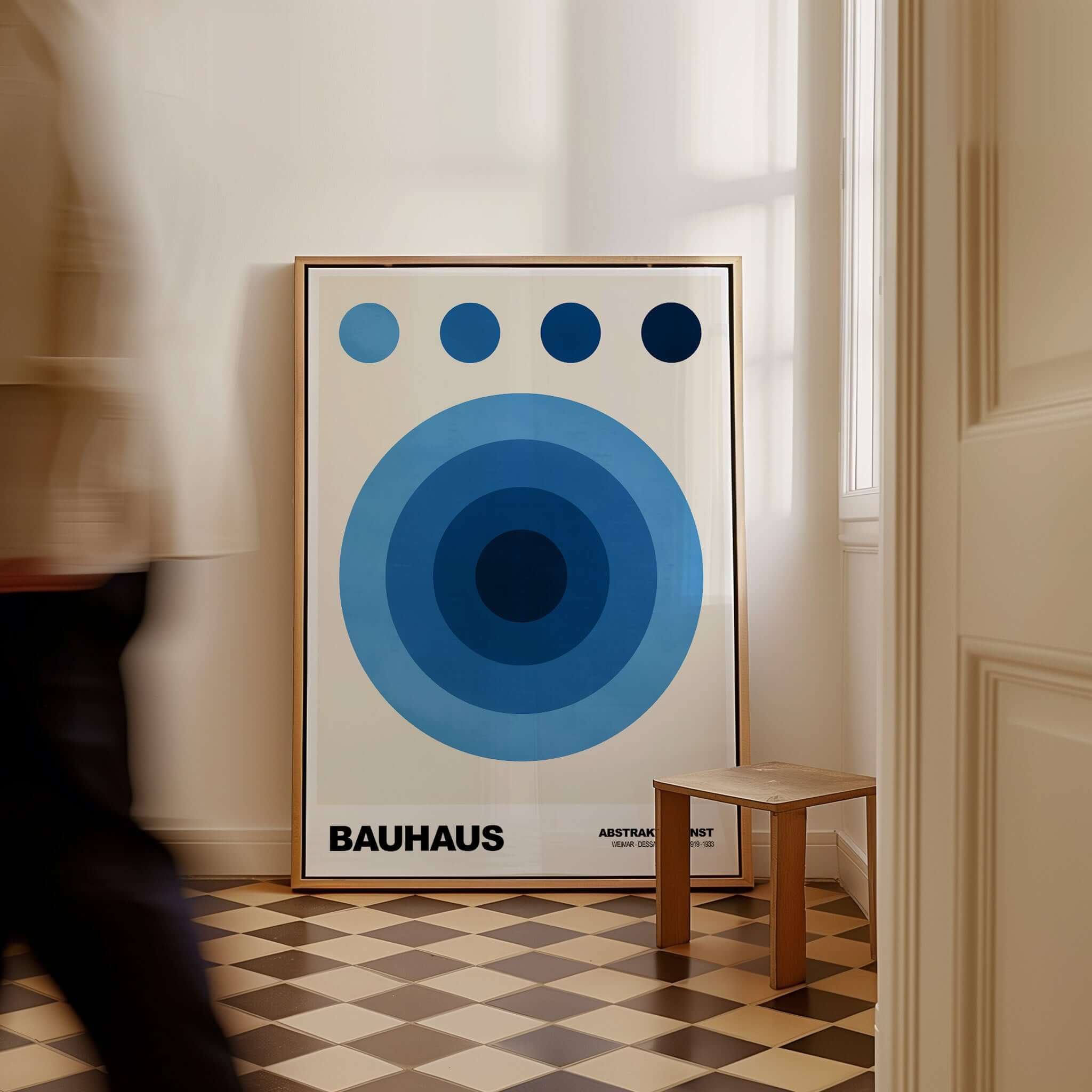 Bauhaus Exhibition Prints - Abstract Blue Circles Poster Geometric Design featuring concentric blue circles.