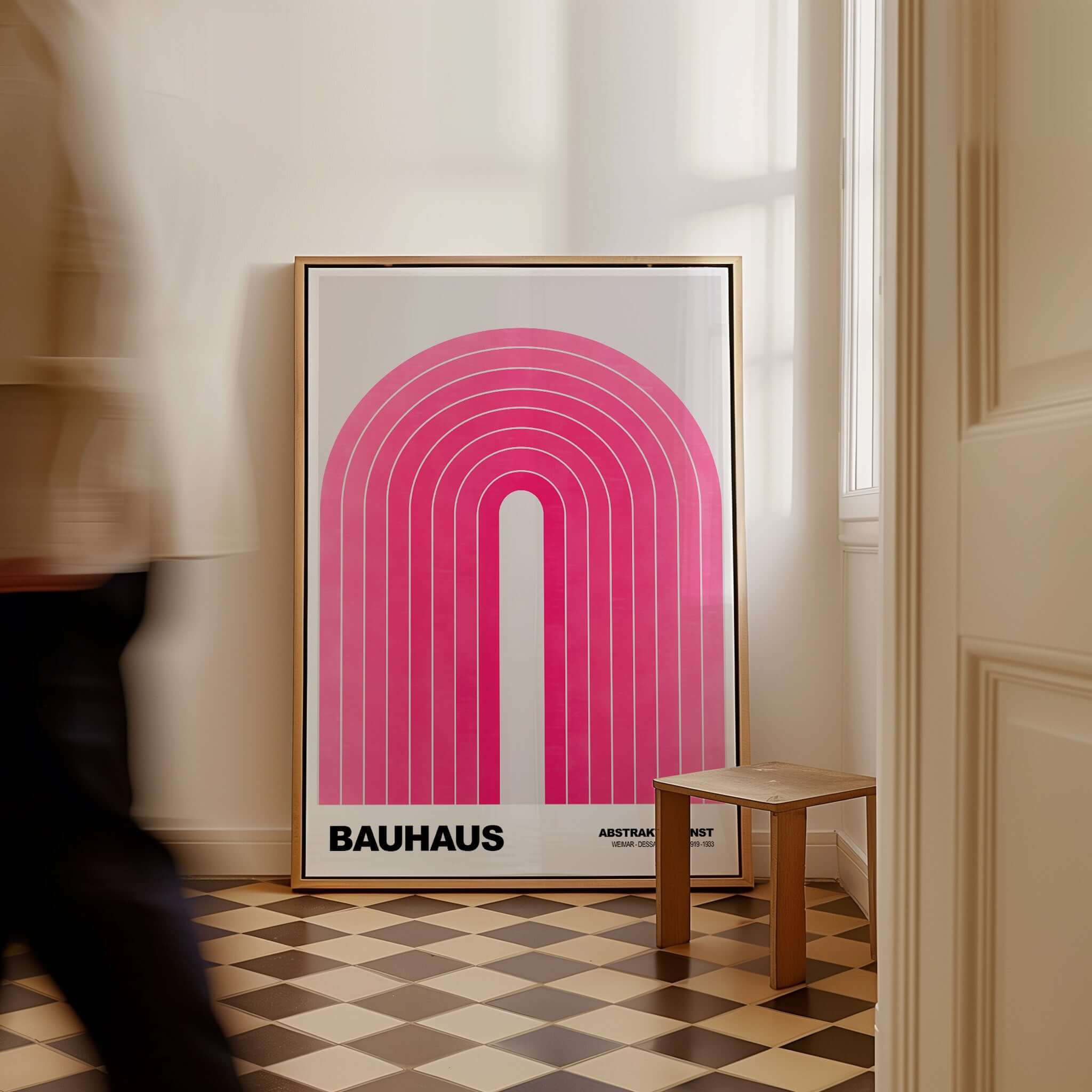 Bauhaus Exhibition Prints - Concentric Pink Arch Poster Minimalist Geometric Art displayed in a stylish interior setting.