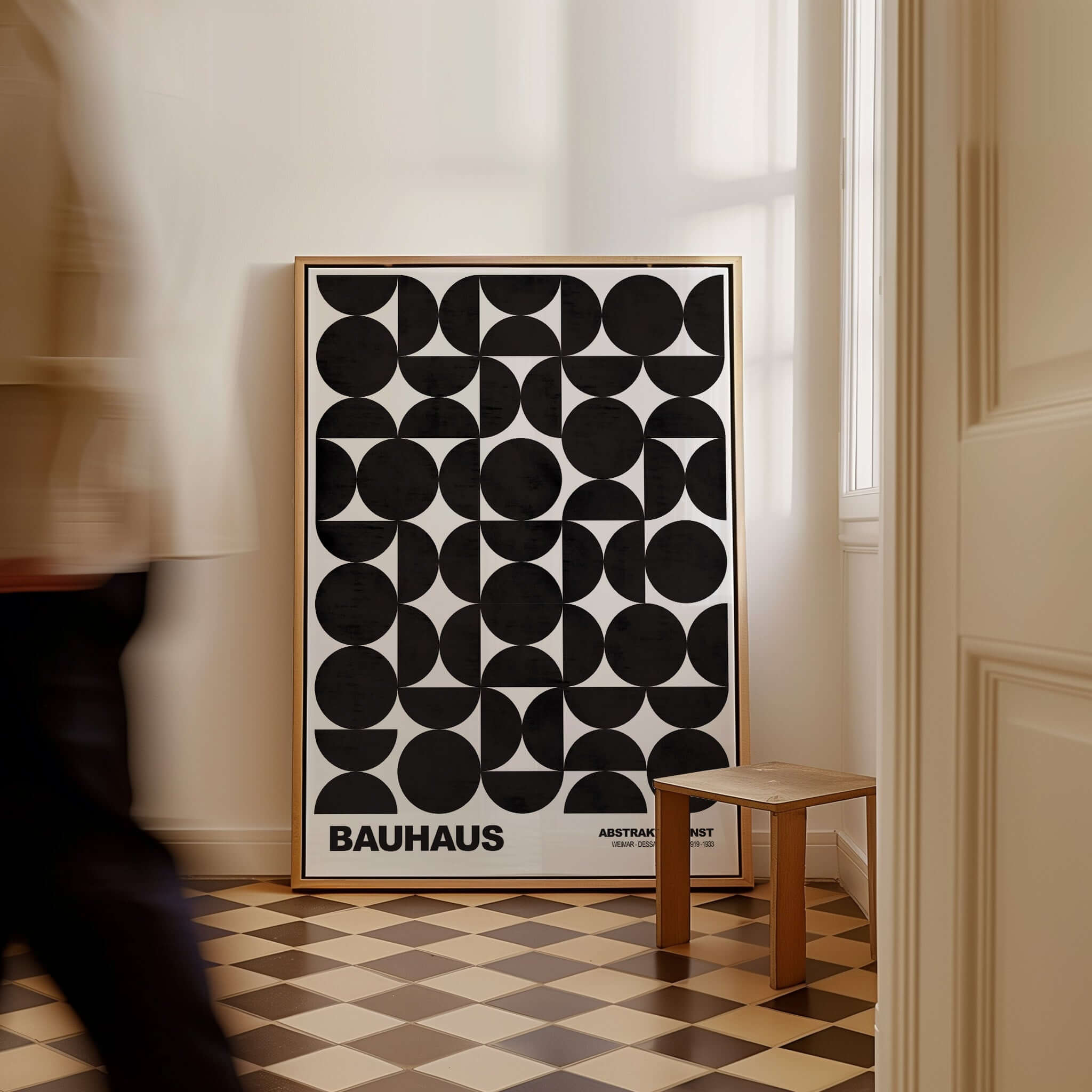 Bauhaus Exhibition Prints - Geometric Circle Shapes Art Print Black White Pattern featuring black circles on white background.