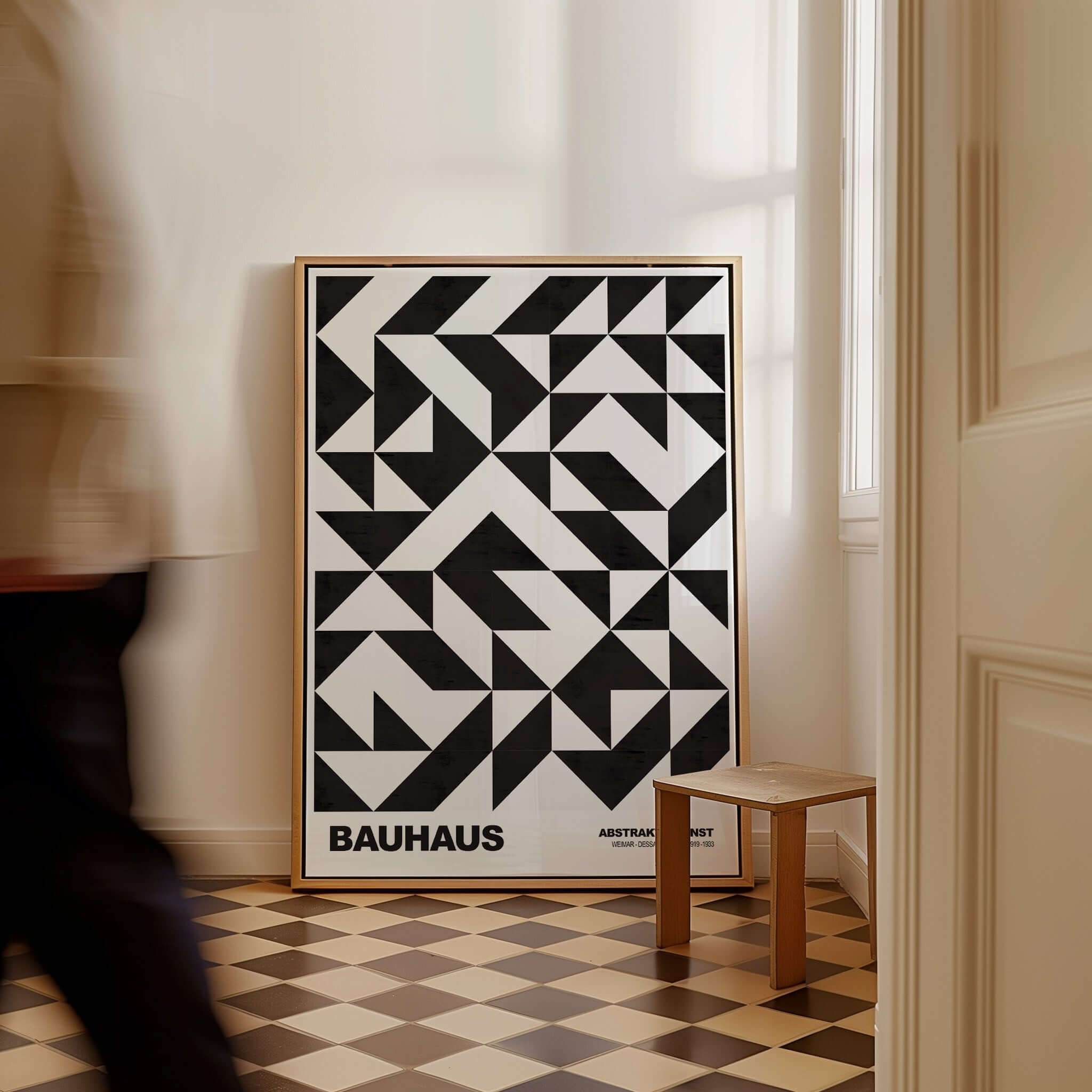 Bauhaus Exhibition Prints - Geometric Triangle Pattern Poster Black White Abstract displayed in a modern interior.