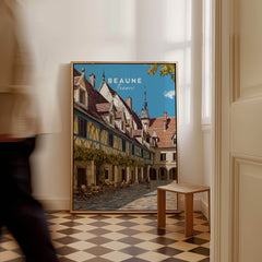 Beaune Travel Poster – Hospices de Beaune Architecture and Courtyard Art displayed in a stylish interior.