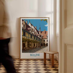 Beaune France Print – Hospices de Beaune Wall Art displayed in a stylish room with checkered floor.