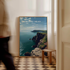 Berry Head Travel Poster – Devon Coastal Cliffs and Ocean View Print displayed in a cozy interior setting.