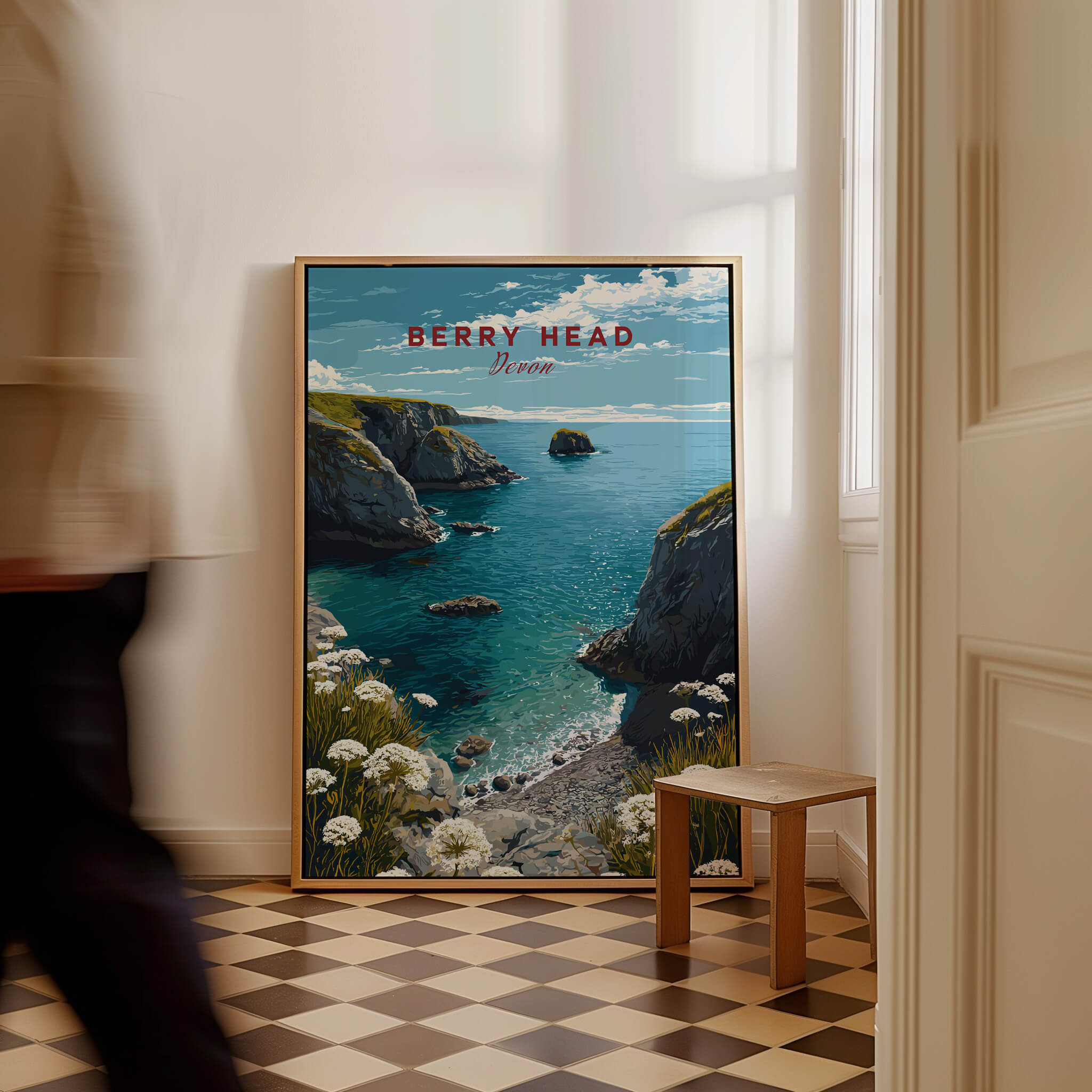 Berry Head Travel Poster – South Devon Coastline and Wildflower Art displayed in a stylish interior setting.