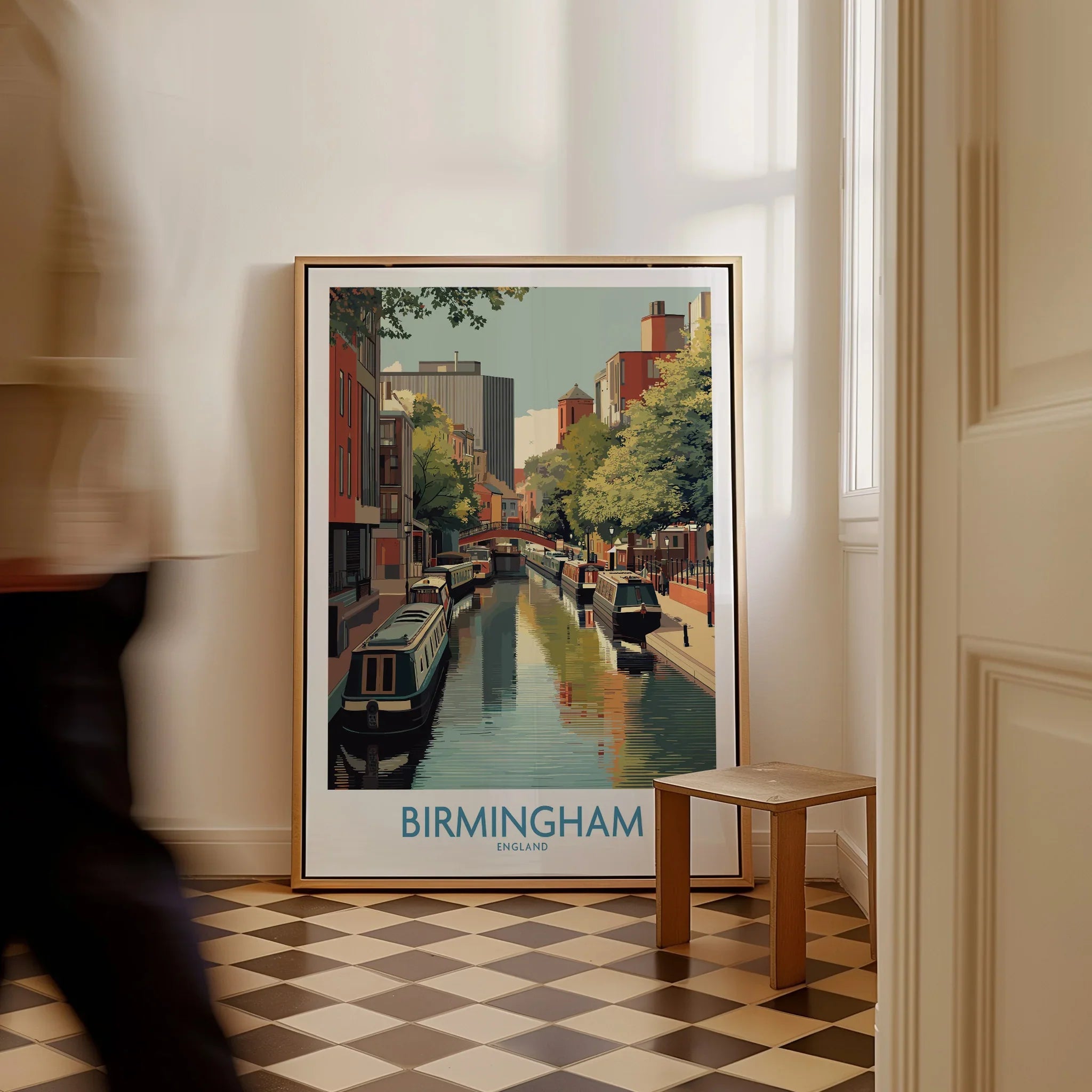 Framed Birmingham city canal wall art poster on floor in bright hallway, travel decor