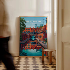 Framed Birmingham England city skyline wall art on floor in modern hallway