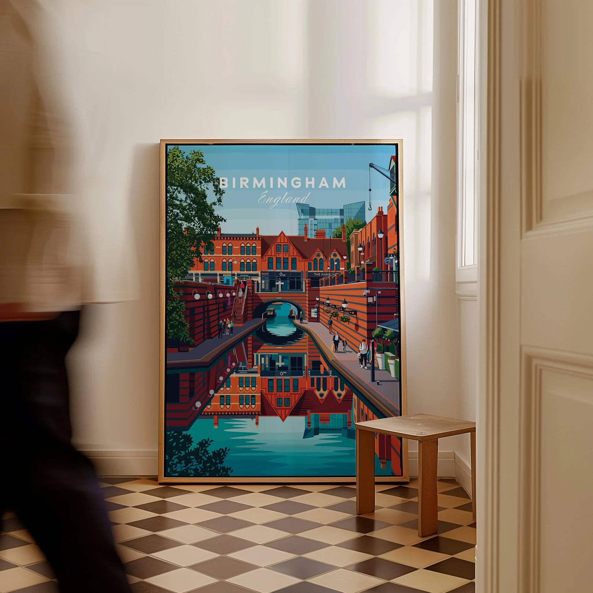 Framed Birmingham England city skyline wall art on floor in modern hallway