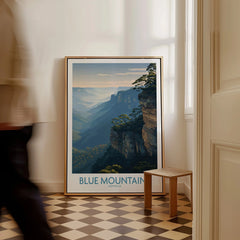 Framed Blue Mountains Australia travel poster on checkered floor in bright hallway