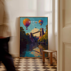 Bristol Travel Poster – Clifton Suspension Bridge and Hot Air Balloons Art featuring vibrant hot air balloons and scenic landscape.