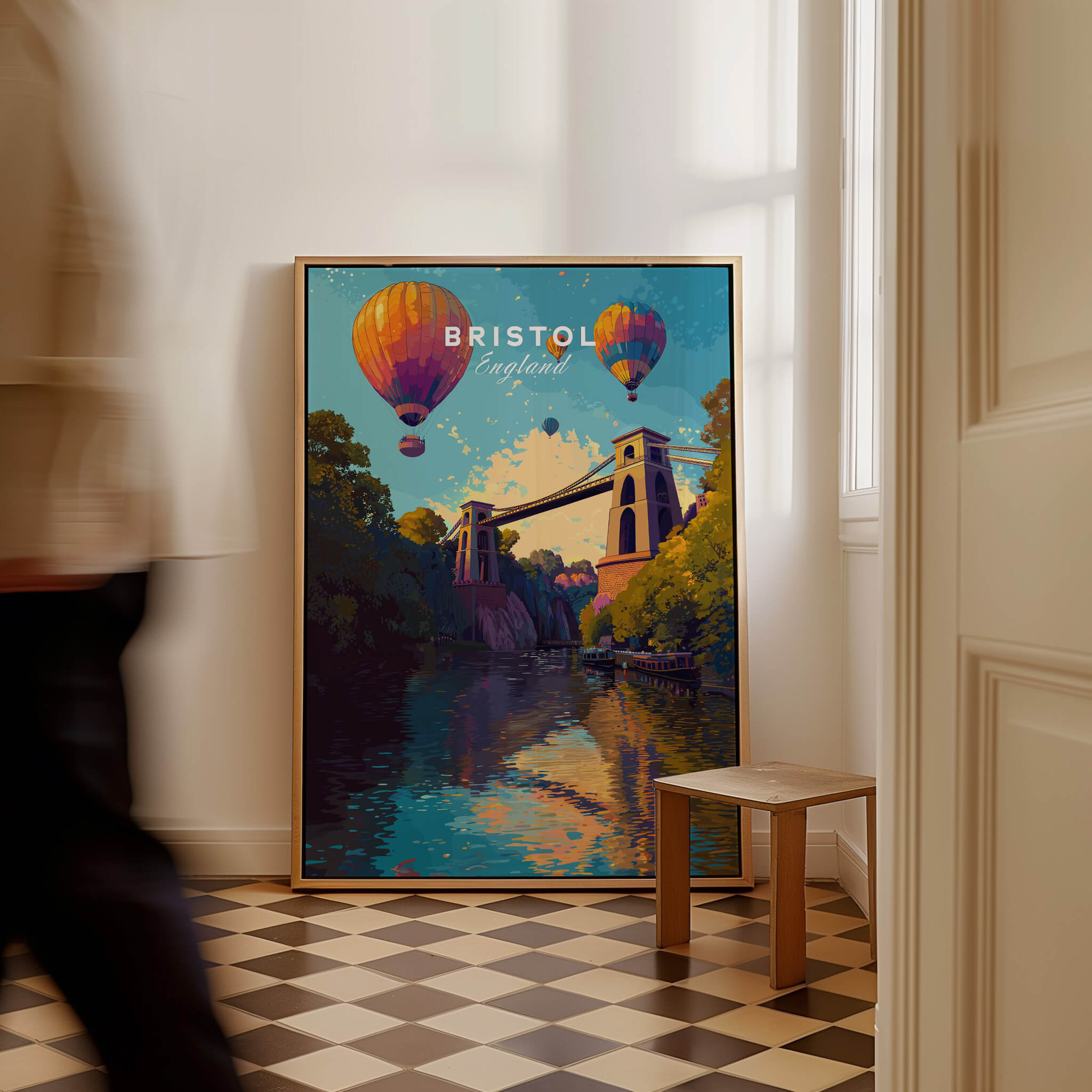 Bristol Travel Poster – Clifton Suspension Bridge and Hot Air Balloons Art featuring vibrant hot air balloons and scenic landscape.