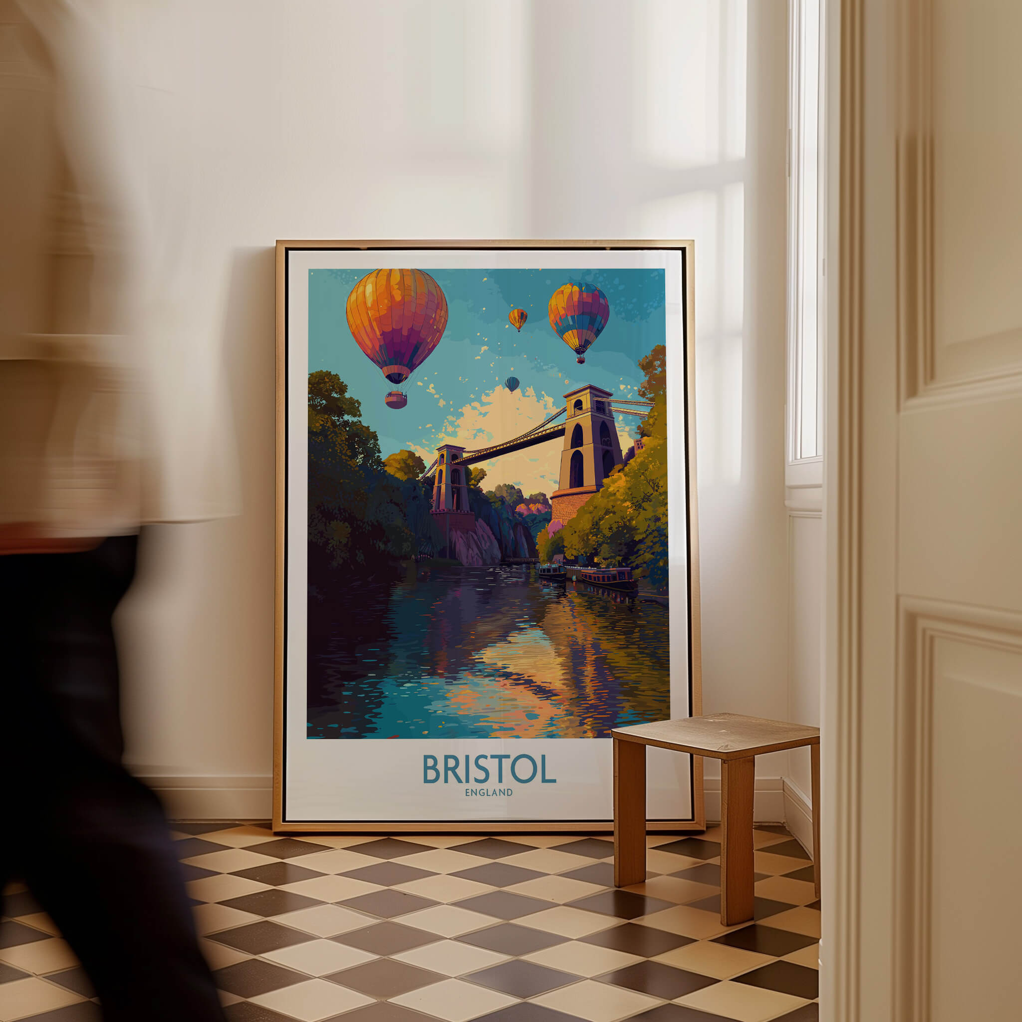 Bristol England Wall Art – River Avon Sunset and Balloon Festival Print featuring vibrant hot air balloons.