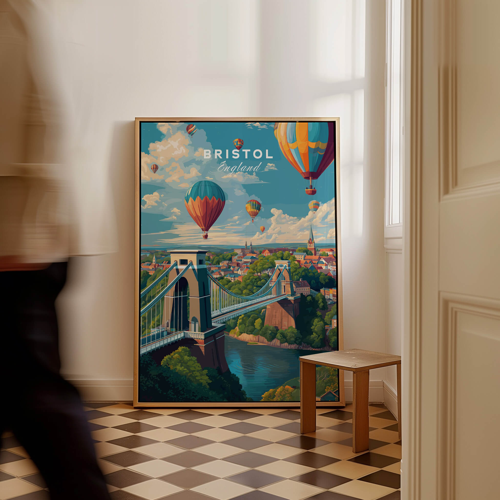 Bristol Travel Poster – Cityscape and Clifton Suspension Bridge Print in a modern interior setting.
