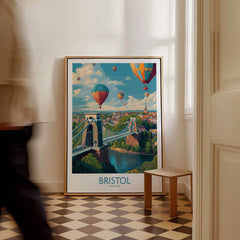 Bristol England Print – Hot Air Balloons Over Historic City Wall Art showcased in a stylish home interior setting.
