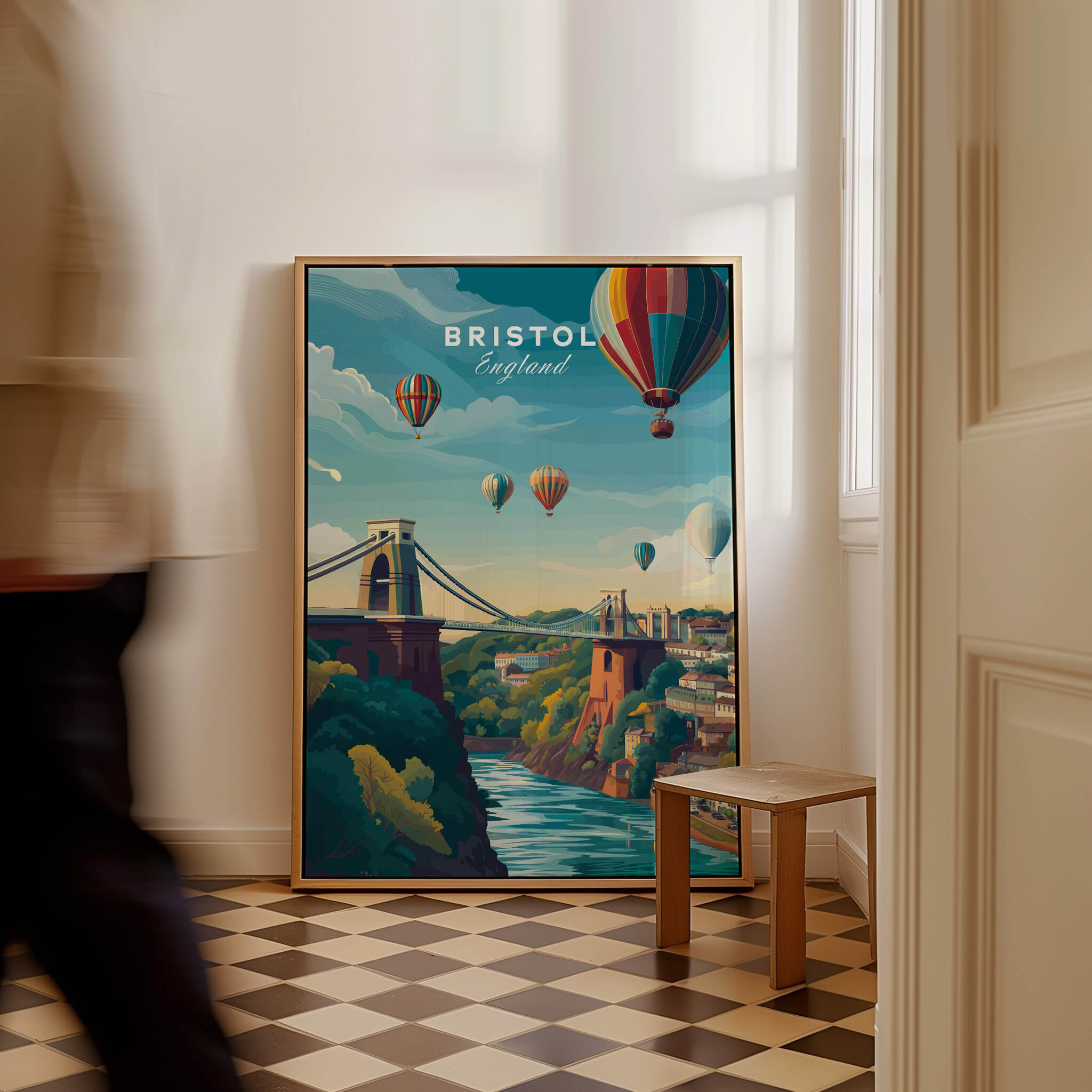 Bristol Art Print - Clifton Bridge Poster featuring a colorful depiction of Clifton Bridge and hot air balloons.