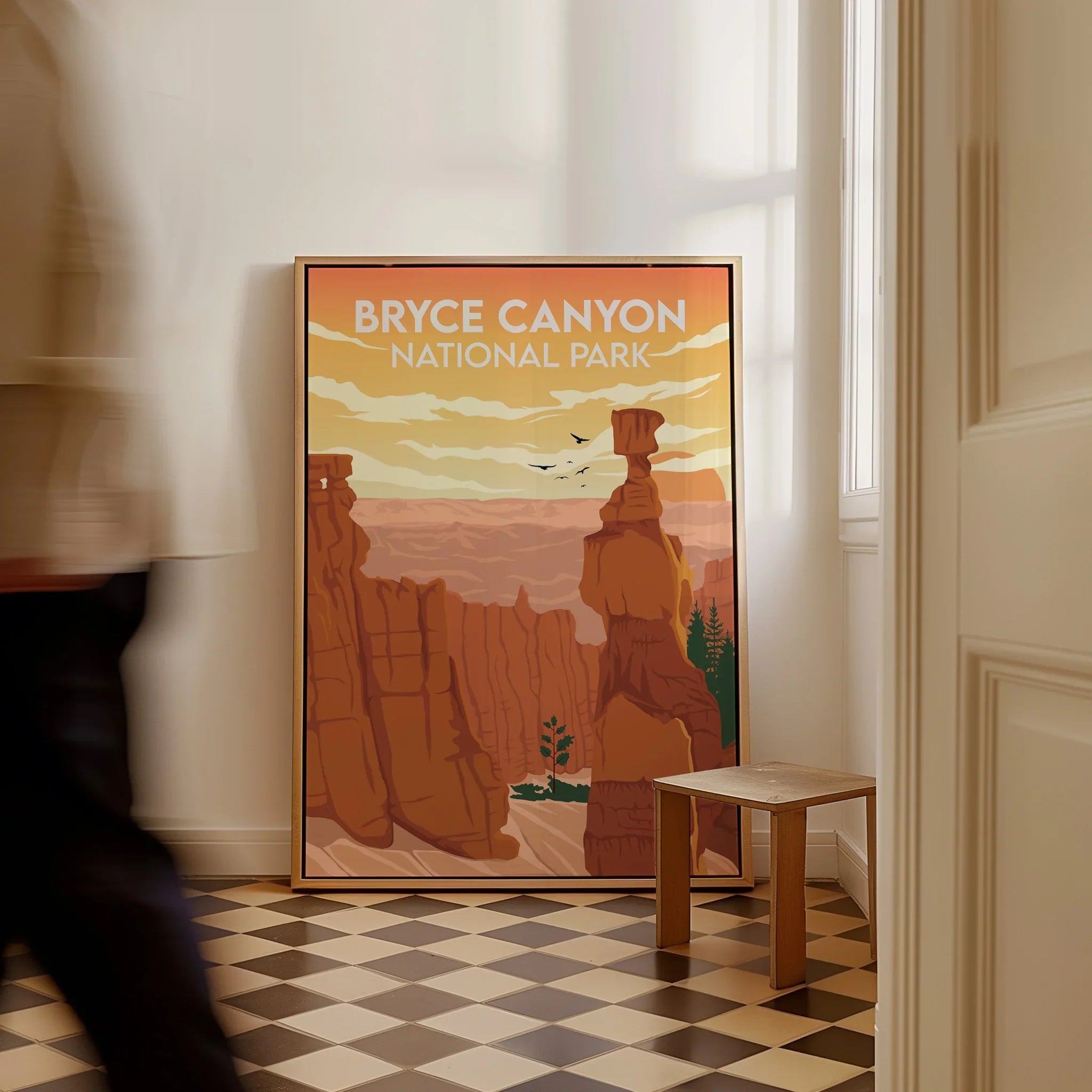 Bryce Canyon National Park framed travel poster in a modern hallway with checkered floor