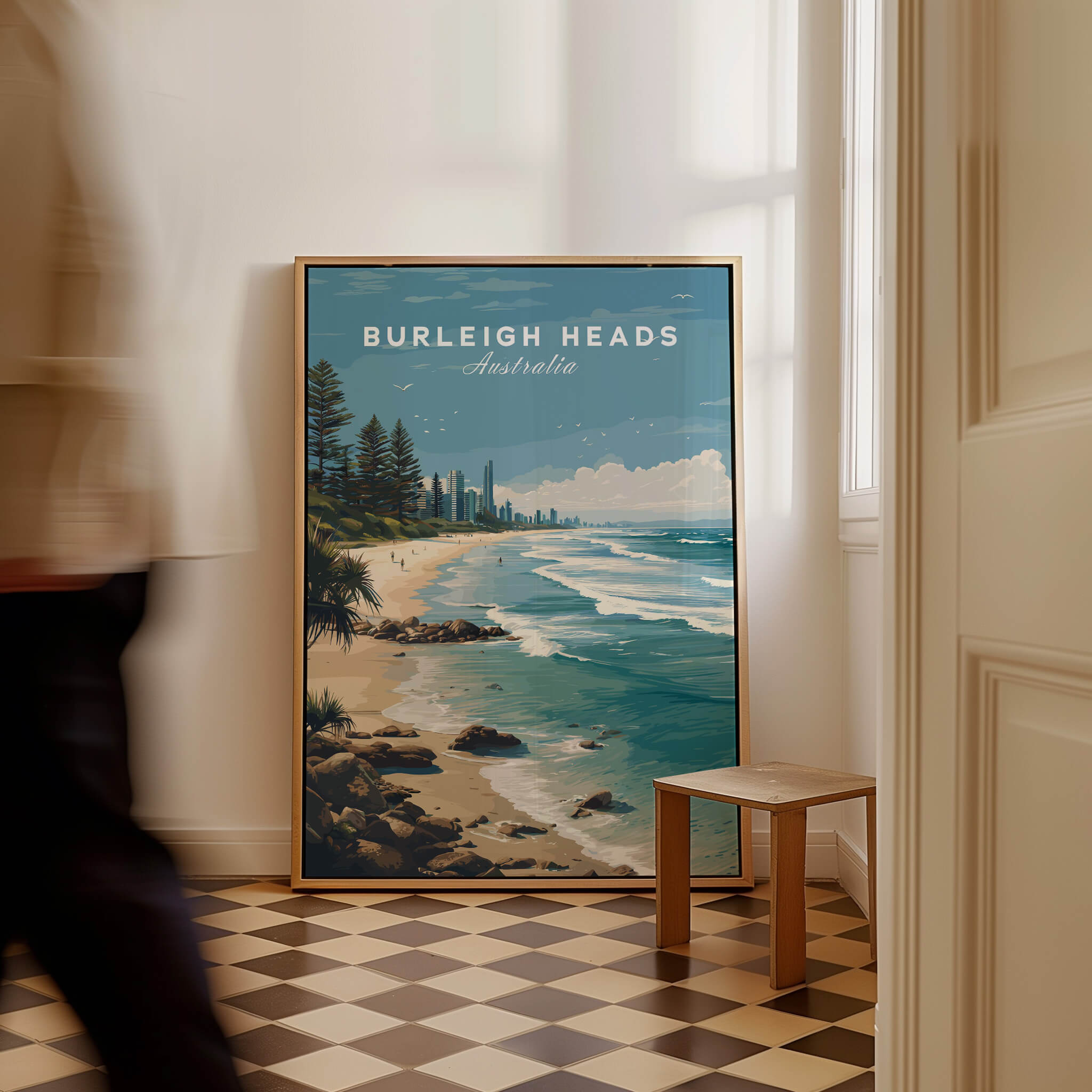 Burleigh Heads Australia Poster – Gold Coast Skyline & Iconic Surf Beach Wall Art displayed in a stylish interior.