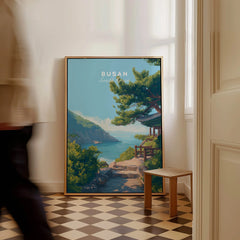 Framed Busan South Korea travel poster with scenic coastal landscape in modern home decor