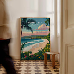 Byron Bay Australia Travel Poster showcasing the beautiful beach, lush greenery, and iconic coastal scenery.