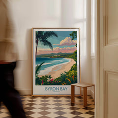 Byron Bay Poster - Australia Wall Art featuring a picturesque beach scene with palm trees.