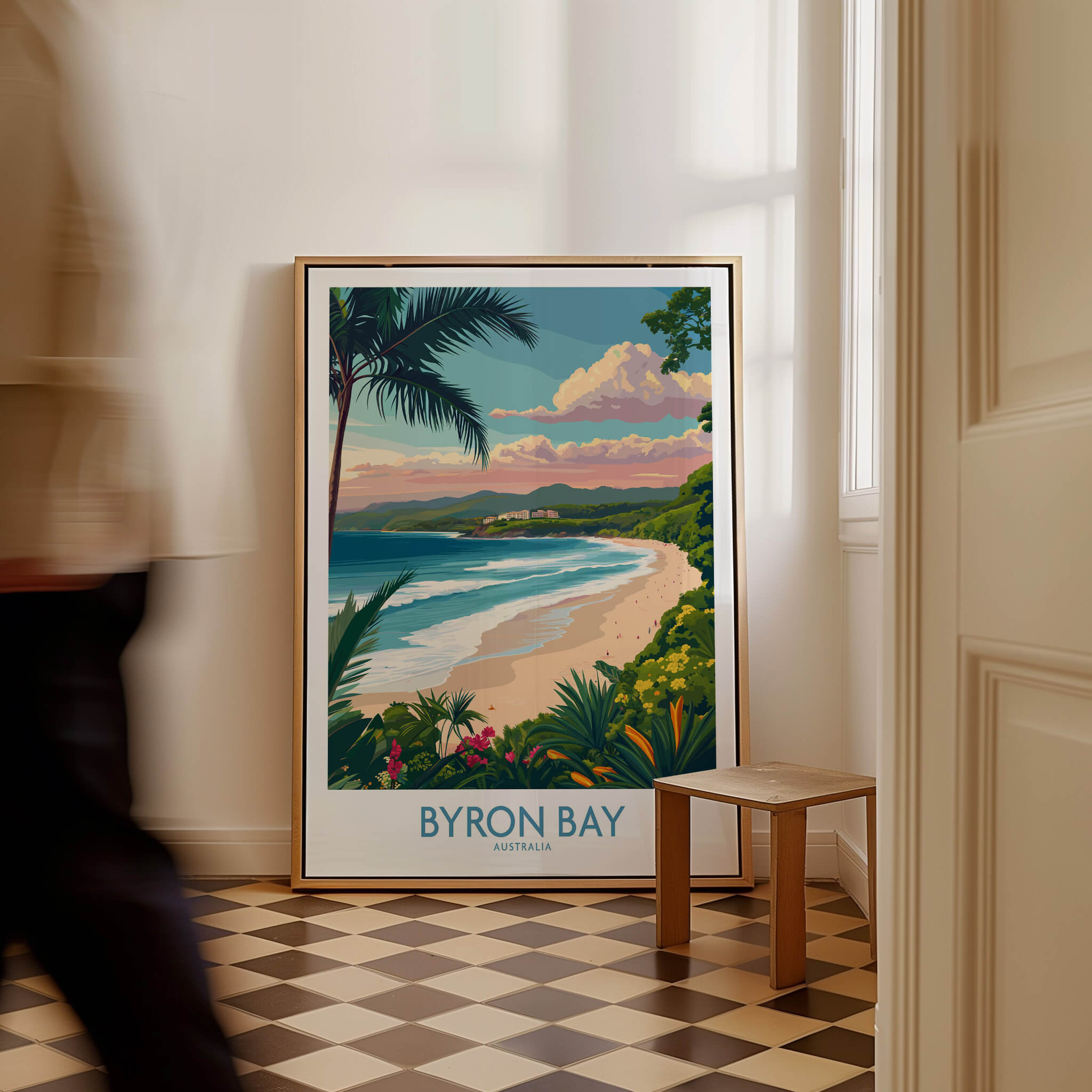 Byron Bay Poster - Australia Wall Art featuring a picturesque beach scene with palm trees.