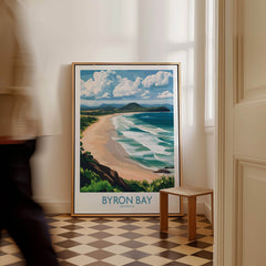 Byron Bay Wall Art Print Australia showcasing a coastal scene with sweeping beaches and lush green hills.