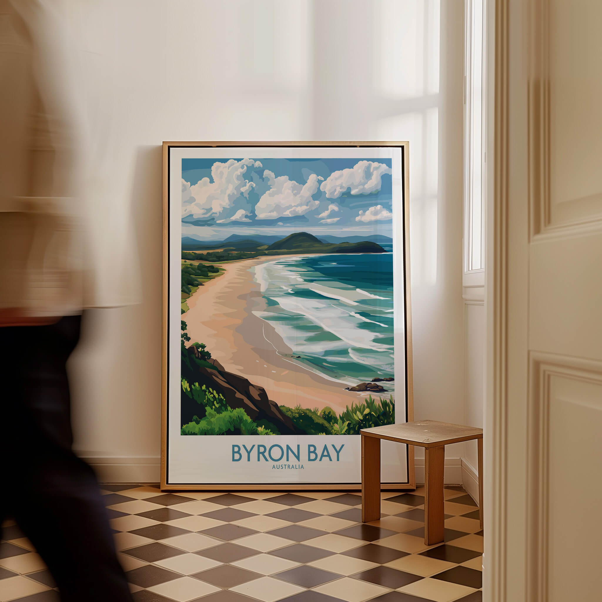 Byron Bay Wall Art Print Australia showcasing a coastal scene with sweeping beaches and lush green hills.