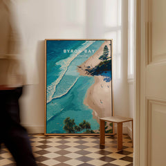 Byron Bay Art Print showcasing aerial view of pristine beaches and turquoise waters in a stylish interior setting.