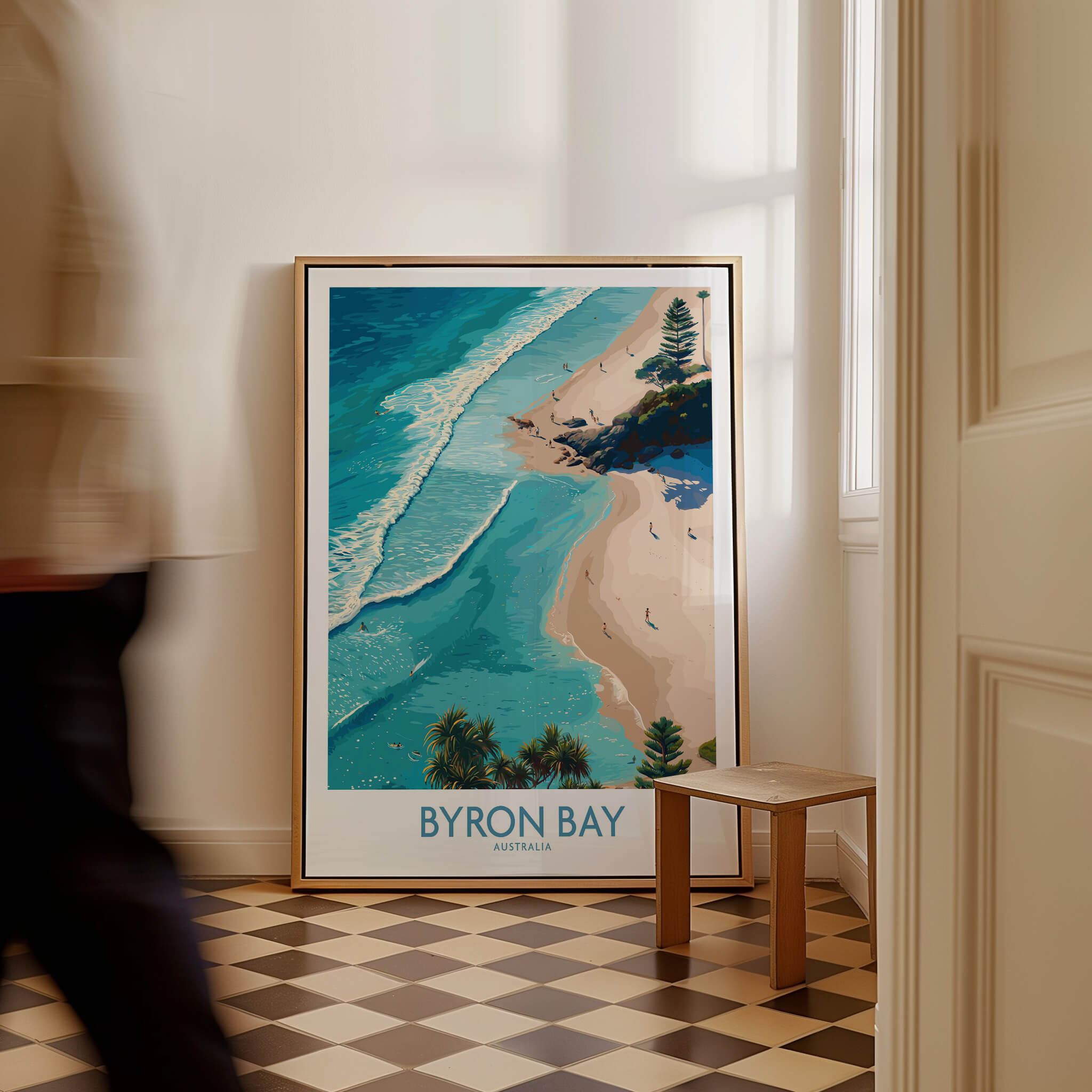 Byron Bay Beach Australia Canvas Art Print displayed in a stylish interior, showcasing vibrant coastal colors.