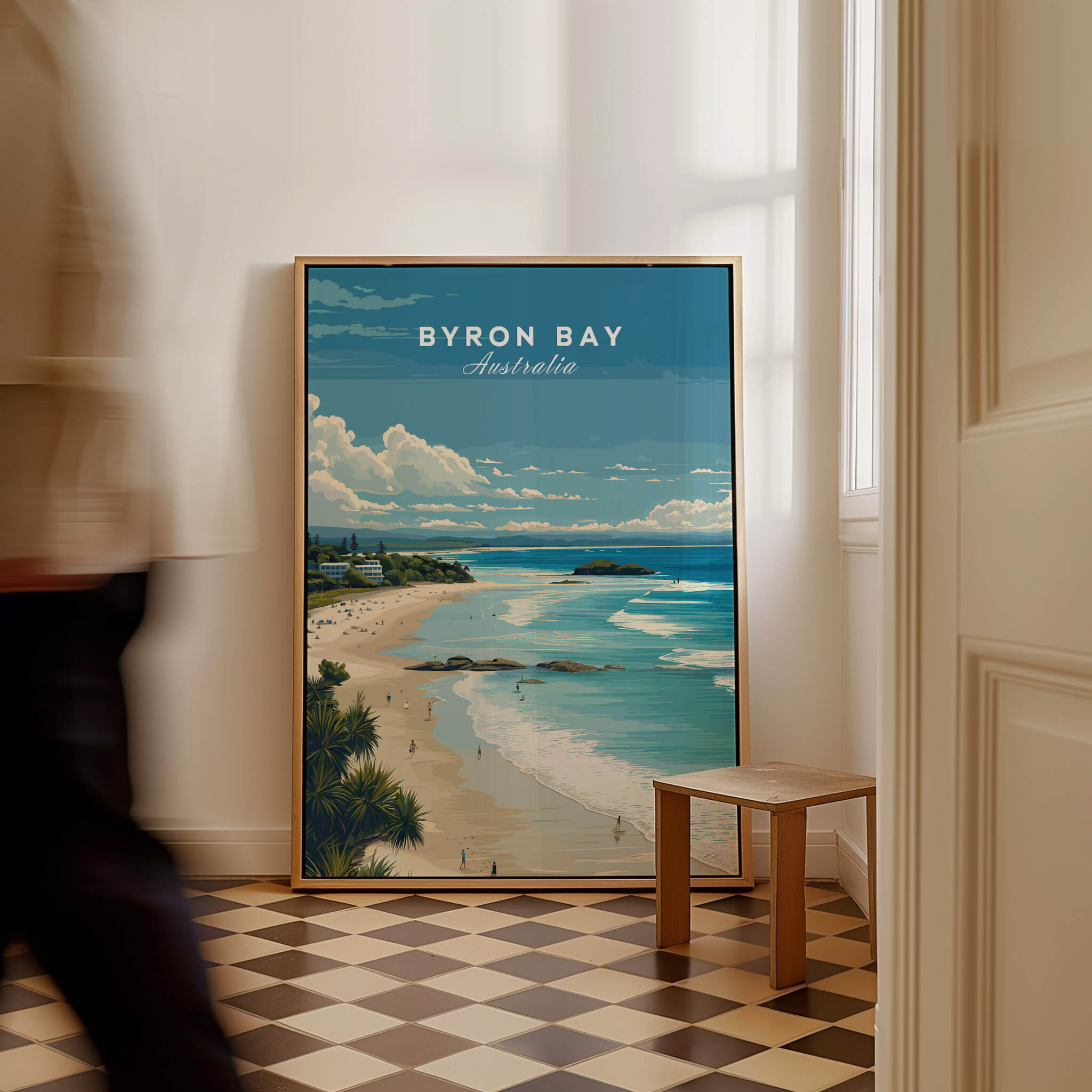 Byron Bay Poster - Canvas Beach Print featuring a scenic view of Byron Bay in a stylish interior setting.