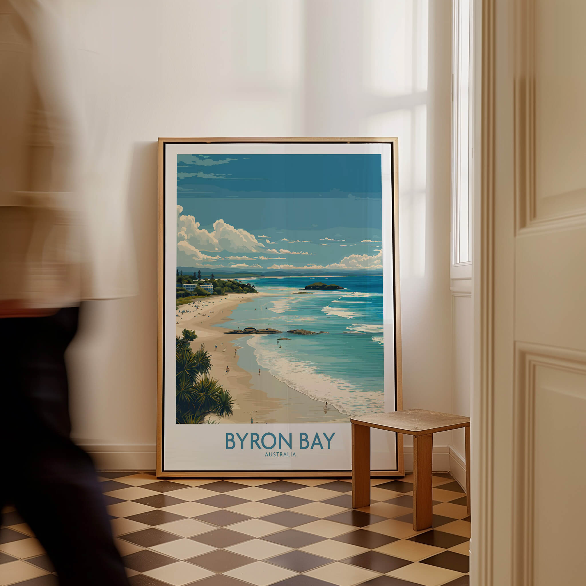 Byron Bay Wall Art Australia Travel Print featuring a coastal scene with a lighthouse and golden beaches.