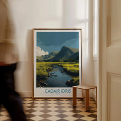 Framed Cadair Idris Wales travel poster print leaning on wall in modern home entryway