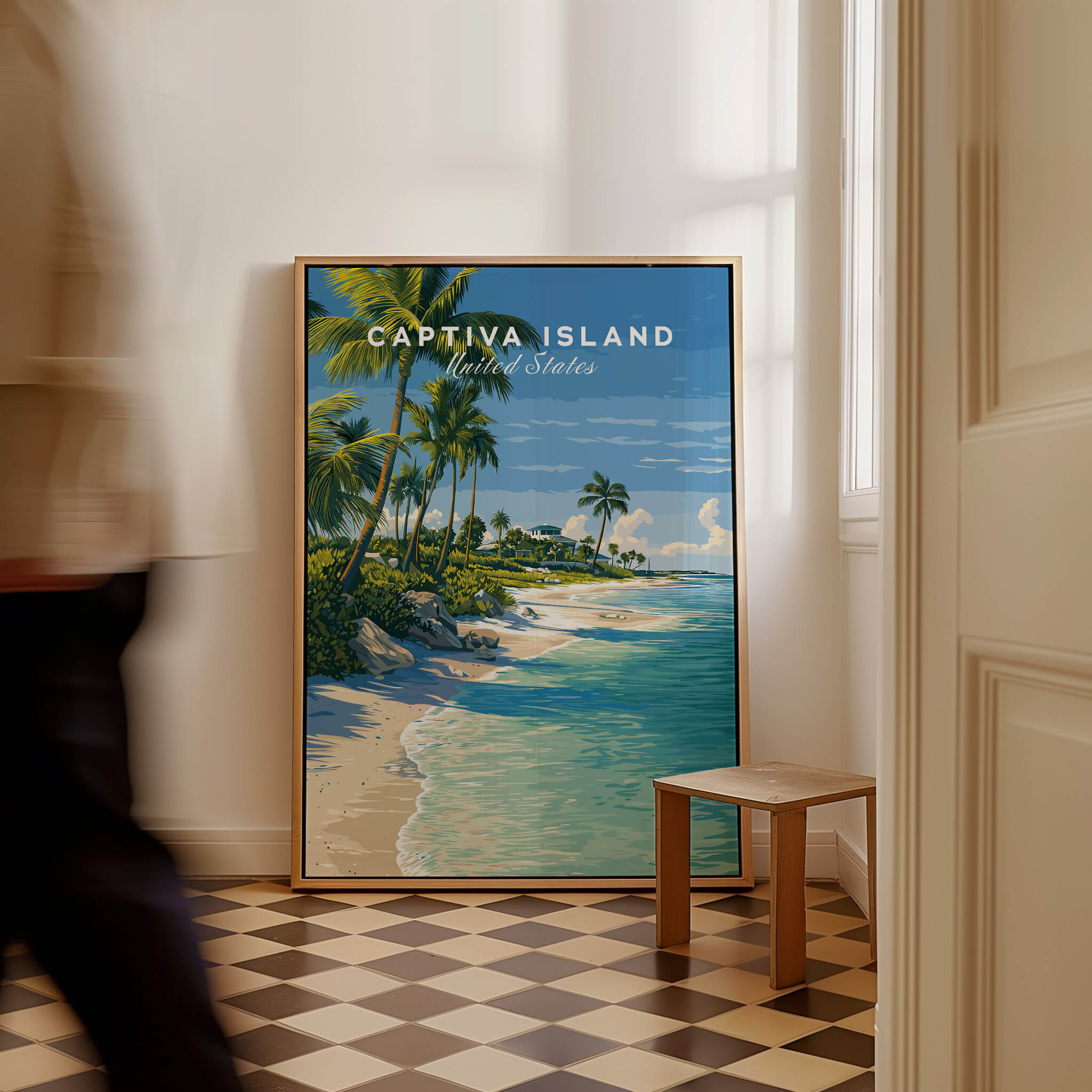 Captiva Island Travel Poster – White Sand Beach and Turquoise Water Art displayed in a stylish interior setting.