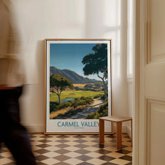 Carmel Valley California travel poster framed on floor in sunlit modern hallway