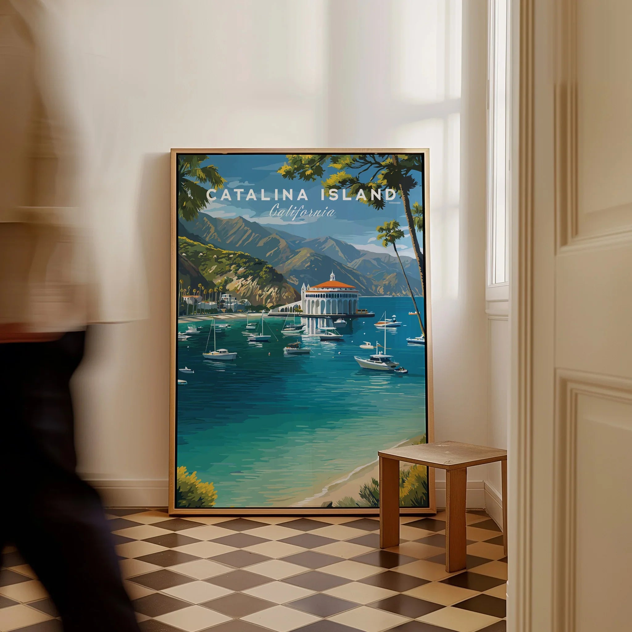 Catalina Island travel poster print with boats and mountains, framed and leaning on a wall