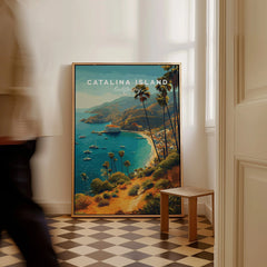 Framed Catalina Island travel poster with coastal art and palm trees on checkered floor.