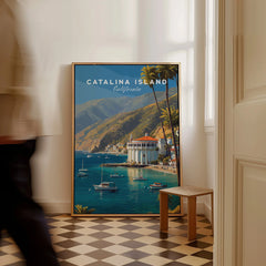 Framed Catalina Island travel poster with boats and mountains, leaning on a checkered floor