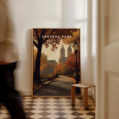 Framed Central Park New York travel poster on floor, autumn city skyline wall art