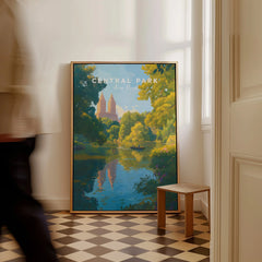 Framed Central Park New York art print on floor in sunlit room with checkered tile