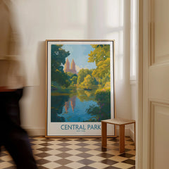 Framed Central Park New York art print on the floor in a bright hallway