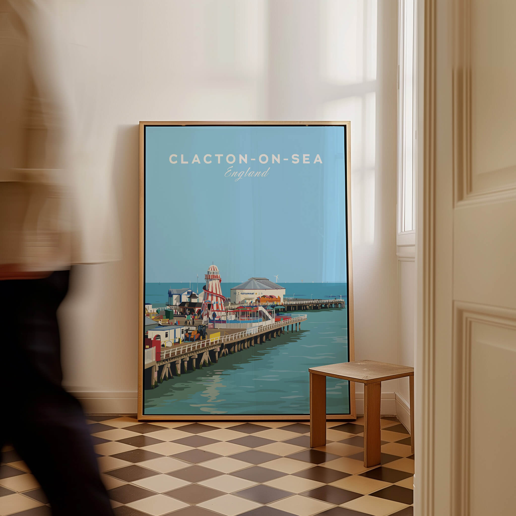 Clacton-on-Sea Travel Poster – Historic Pier Art Print displayed in a stylish interior with a vintage charm.