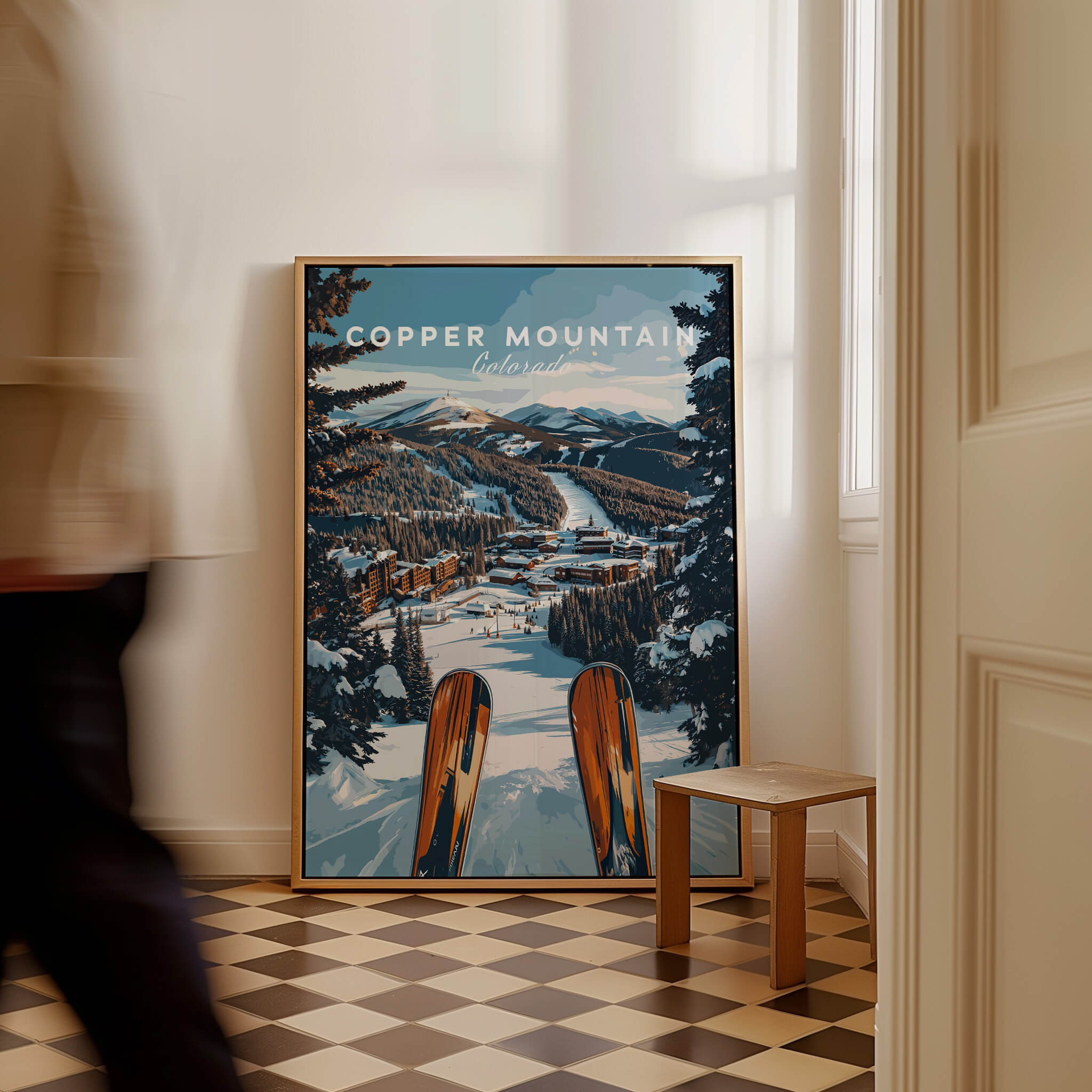 Copper Mountain Ski Print showcasing a scenic view of Colorado's ski landscape and slopes in a stylish interior setting.